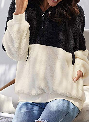 Tuopuda Sudadera Mujer con Capucha Hoodie Caliente y Esponjoso para Otoño Invierno Talla Grande Tops con Cremallera Pullover Suelto Mujer Sudadera Borreguito Suéter Jersey (Negro & Blanco, L)