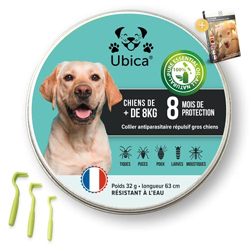 Ubica® Collar Antipulgas Perros Collar Antiparasitario Perros Grande (+8kg) – Fórmula de Aceites Esenciales de Citronela 100% Resistente AL Agua – 3 Pinzas para Garrapatas y un E-Book gratis