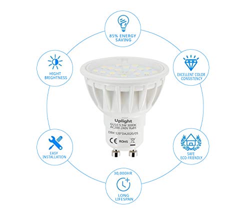 Uplight 5.5W Regulable Bombillas LED GU10,Blanco cálido 3000K,Equivalente 50-60W Halógena,600lm Ra85,120°Angulo de haz,5 Piezas.