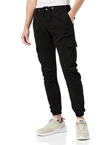 URBAN CLASSICS Pantalón jogging Cargo con bolsillos de parche 2 laterales y 2 traseros, ajuste slim fit, color liso, cintura cordón, puños elásticos, color negro, talla L