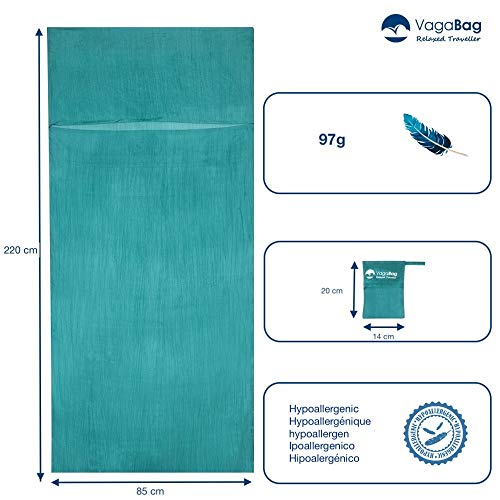 Vagabag - Saco Sábana de Dormir - Sábana de Seda Ultraligera - cómoda y Suave: 100% Seda Natural - Compartimento para Almohada - para Acampada y Cualquier Viaje (Verde Esmeralda, XL 1 Pers. 85x220 cm)