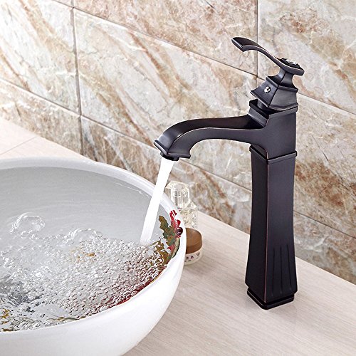 Válvula mezcladora American Black Antique Grifo de una manija antigua Mediterráneo Vintage Retro Hot & Cold Water Cobre Grifo de un solo orificio Elegante lavabo aumentar alto puede girar latón fregad