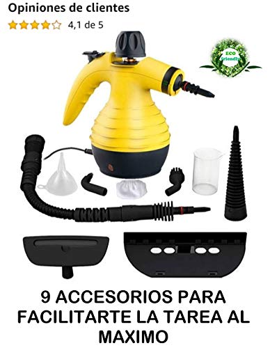 Vaporeta de Limpieza de Mano Portátil Potente y Multiusos para Quitar Manchas en Tapicería de Coche, Hogar, Cocinas, Alfombras, Cristales, Sofá | Vaporizador Limpiador a Vapor con 9 Accesorios