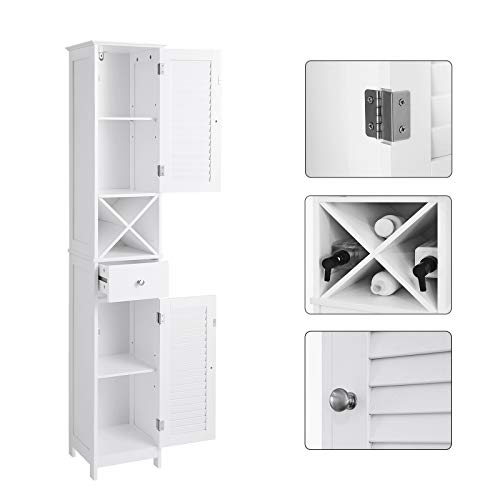 VASAGLE Gabinete de Baño, Armario de Almacenamiento con Dos Puertas Persianas, con Cajón, con Estantería Extraíble en Forma X, 32 x 30 x 170 cm (Largo x Ancho x Alto), Estilo Nórtico, Blanco BBC69WT