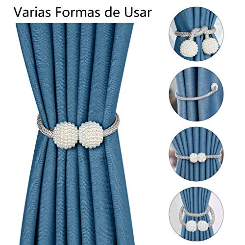 VEGCOO 4 Piezas Abrazaderas Magnética para Cortinas, Cordones de Sujeción Imán para Cortinas, Hebillas Cuerda de Perlas para la Decoración de la Ventana del Hotel Home Office (Gris)