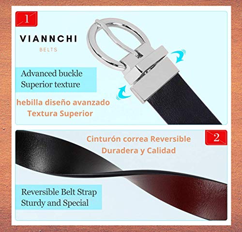 viannchi Cinturón reversible mujer elegante, cinturón de cuero genuino en dos tonos Negro y Marrón Hebilla Plateada correa ajustable en diferentes tallas 90 CM (Negro, S)