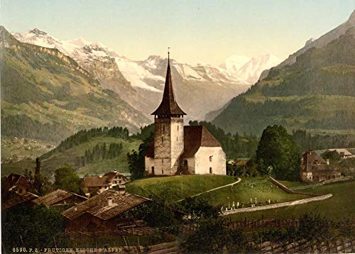 Vintage Travel Suiza 'Frutigen, Iglesia y Alpes, Oberland Bernesa', Circa 1890-1910, Reproducción 200gsm A3 Vintage Fotografía Viaje Poster