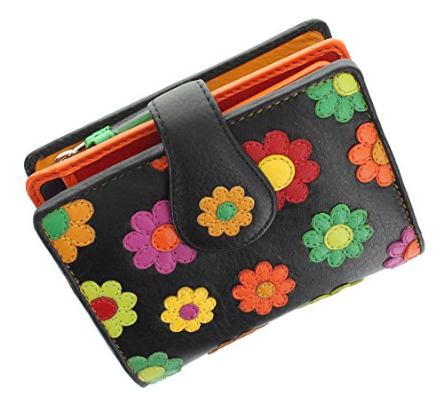 Visconti Colección Daisy Sunshine Monedero de Cuero con Cierre de Lengüeta para Mujer DS80 Bloqueo RFID Negro