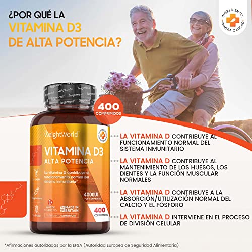 Vitamina D3 4000 UI Dosis Alta - 400 Días de Suministro, Vitamina D Colecalciferol Vegetariano Contribuye a la Función Normal del Sistema Inmunológico, Para los Músculos y Huesos, 400 Comprimidos