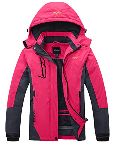 Wantdo Chaqueta de Esquí Impermeable Montaña Abrigo Windbreaker Paño Grueso Suave Parka Resistente al Agua para Acampar Viajar Chaqueta de Bolsillos Múltiples Cremallera para Mujer Roja Rosa Medium