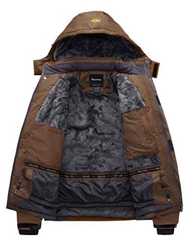 Wantdo Chaquetas de Esquí Impermeable Montaña Chaquetas de Bolsillos Múltiples Cremallera Abrigo Windbreaker Paño Grueso Suave Parka Resistente al Agua para Acampar Viajar para Hombre Marrón X-Large