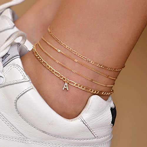 Wedity Letter Tobilleras multicapa Tobillera de cristal brillante Pulseras de tobillo de oro Accesorios de verano Joyería de pie de playa ajustable para mujeres y niñas