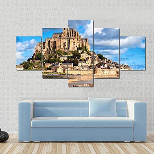 WOUEI 5 Piezas Cuadro En Lienzo Francia Mont Saint-Michel Cuadros 5 Modernos Impresión De ​Imagen Artística Lienzo ​Decorativo para Tu Salón Dormitorio