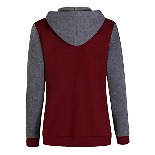 YEBIRAL Abrigos Mujer Invierno Rebajas,Casual Patchwork Manga Larga Cárdigans Jersey Señora Sudadera con Capucha Béisbol Ropa Deportiva(XL,Vino Rojo)