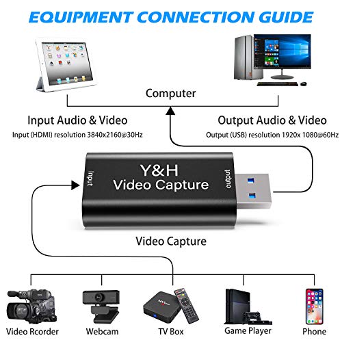 Y&H Tarjeta de grabación de vídeo, HD Video y Audio Capture Card HDMI a USB 2.0 1080P 60 fps grabación a través de DSLR, videocámara, Action Cam, admite transmisión en directo