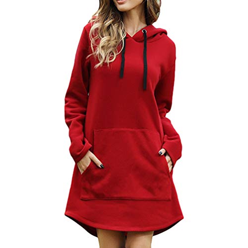 Zltang Mujer Sudaderas Largas con Capucha Vestido de Sudadera Oversize Otoño Invierno Color Sólido Dobladillo Irregular Suelto Hoodie Largo Rojo L