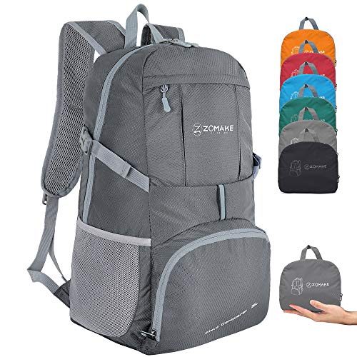 ZOMAKE Mochila Plegable Ligera 35L, Mochilas Compacta con Resistencia al Agua para Hombre Mujer Viajar Senderismo(Gris Oscuro)