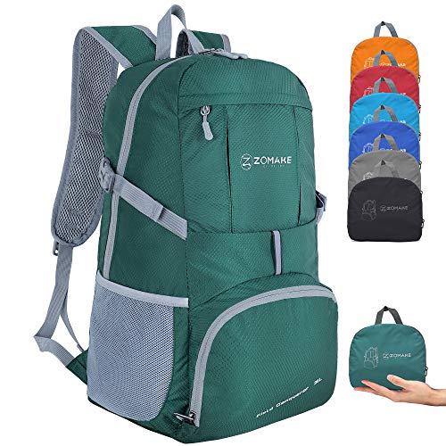 ZOMAKE Mochila Plegable Ligera 35L, Mochilas Compacta con Resistencia al Agua para Hombre Mujer Viajar Senderismo(Verde Oscuro)