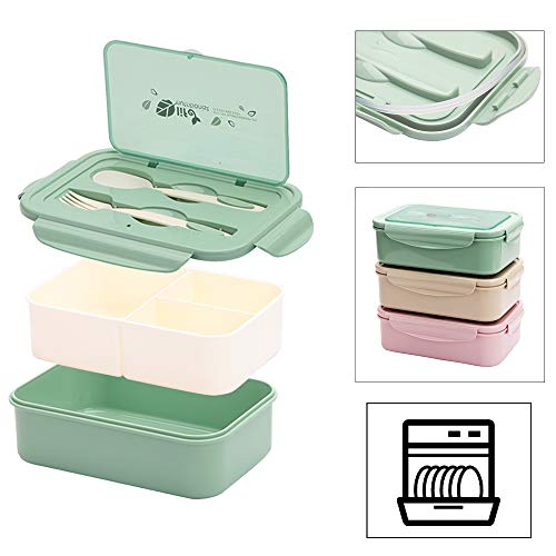 1400ml Caja de Almuerzo de Plástico Verde, Caja de Bento con 3 Compartimentos y Cubiertos (Tenedor y Cuchara), Fiambreras Caja de Alimentos Ideal para Almuerzo y Bocadillos para Niños y Adultos