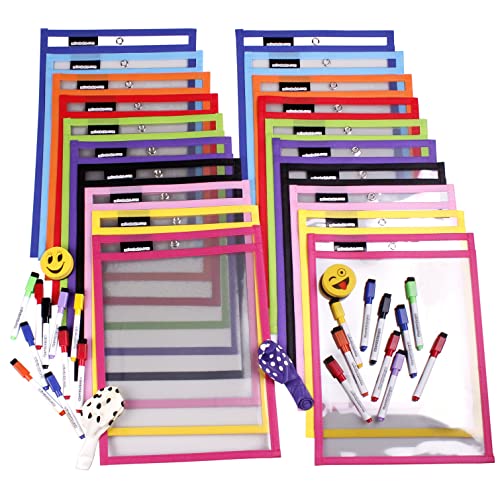 20 Fundas Fichas Reutilizables Papel A4 | Dry Erase Pockets Grandes 36x26cm | PET Reciclable Ecológico | 10 Colores,20 Rotuladores,2 Borradores,2 Globos | Material Escolar,Colegio,Guardería,Ludoteca