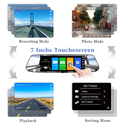 【2021 Nueva Versión】 CHORTAU Camara de Coche Retrovisor Pantalla Táctil de 7 Pulgadas Full HD 1080P, Cámara Frontal Gran Angular y Cámara Trasera Impermeable, con Sistema de Monitoreo