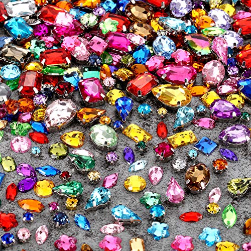 320 Gemas Acrilicas Cristales Vidrios Diamantes de Imitación de Coser con Agujero Garra Plana de Engaste Punta de Plata Mezclar Forma Tamaño Mezcla para Bolsa Zapato Ropa Vestir Manualidades DIY