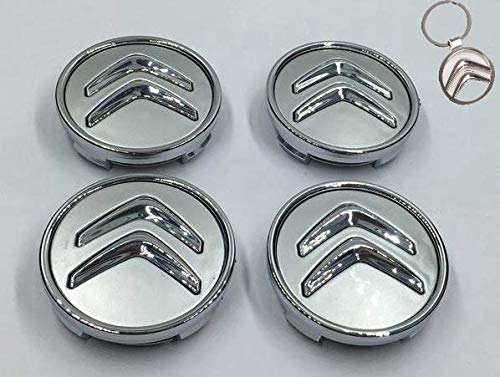 4X Citroen Tapacubos, 60 mm,1 Llavero de Regalo Incluido Tapas centrales para Llantas Rueda Central C2, C4, C5, C6, de Color Gris