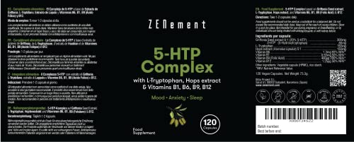 5-HTP Complex con L-triptófano, extracto de Lúpulo y vitaminas B1, B6, B9, B12, 120 Cápsulas | para el estado de ánimo (equilibrio emocional) y la calidad del sueño | Vegano, Sin Aditivos, No-GMO