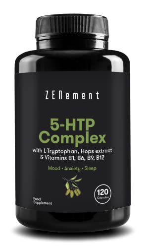 5-HTP Complex con L-triptófano, extracto de Lúpulo y vitaminas B1, B6, B9, B12, 120 Cápsulas | para el estado de ánimo (equilibrio emocional) y la calidad del sueño | Vegano, Sin Aditivos, No-GMO