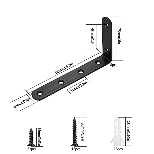 8 Piezas Soportes para Estantes, Soportes de Esquina, Soporte para Muebles en Forma de L, Soportes de Metal en ángulo Recto 125 x 75 mm, Escuadras Metalicas para Estanterias, con tornillos