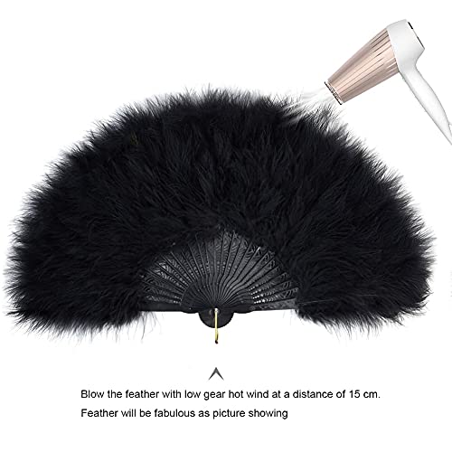 Abanico de plumas de Marabou de los años 20, plegable con plumas, ventilador de mano, para bodas, fiestas, bailes (negro)