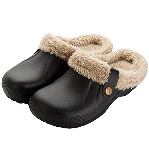 Acfoda Zapatillas de Estar por casa Mujer Zuecos para Hombre Invierno Antideslizante Caliente Peluche Pantuflas Cómodos Cálido Impermeable Zapatos Negro 40/41