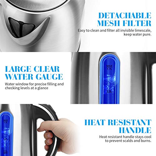 Aigostar King – Hervidor de Agua Eléctrico de Acero Inoxidable, Hervidores Eléctrico con Iluminación Led, 1,7 L, 2200W, Tetera electrica Libre de BPA, Filtro Extraíble, Apagado Automático