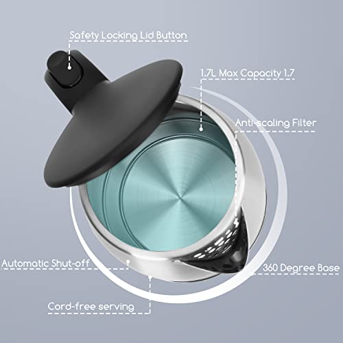 Aigostar Milo - Hervidor de Agua Eléctrico Acero Inoxidable de 1,7 litros, 2200W Rápida Ebullición, Tetera Eléctrica Acero Inalámbrica sin BPA, Filtro Antical, Base 360°, Apagado automático, Plata