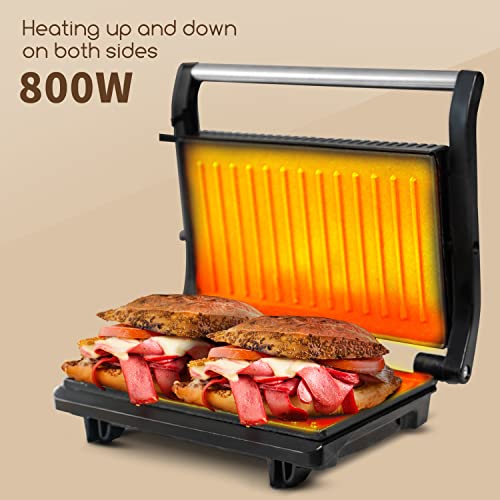 Aigostar York 30RUM - Parrilla Eléctrica, 800W, Apertura 180º, Placas Antiadherentes 23 x 14,3 cm, Dos Superficies de Cocinado, Panini Press Libre de BPA, Asa de Toque Frío.