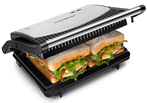 Aigostar York 30RUM - Parrilla Eléctrica, 800W, Apertura 180º, Placas Antiadherentes 23 x 14,3 cm, Dos Superficies de Cocinado, Panini Press Libre de BPA, Asa de Toque Frío.