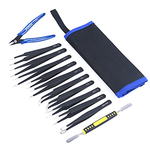 Ainiv 12 Pcs Pinzas de Precisión, Pinzas de Precisión Kit, Tweezers ESD Anti-Estáticas de Acero Inoxidable Pinzas para Electrónicas, Trabajo de Laboratorio, Joyería, Maintenance Tools, negro