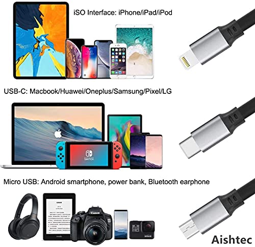 Aishtec 3 en 1 Cable USB Carga Retráctil, Multi Cargador Universal Carga Rápida Compatible con iOS/Tipo C/Micro USB Apoyo TUTTI Telefoni, Cellulari, Tablet, PC, Laptop - 4Ft/1.2 Meters (Negro)