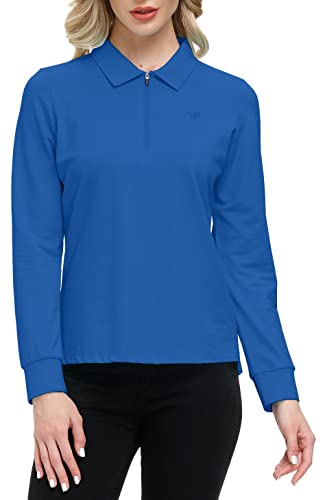 AjezMax Polo Mujer Camiseta Manga Larga Deportes Trabajo Golf Tops con Cuello Zip Lago Azul L