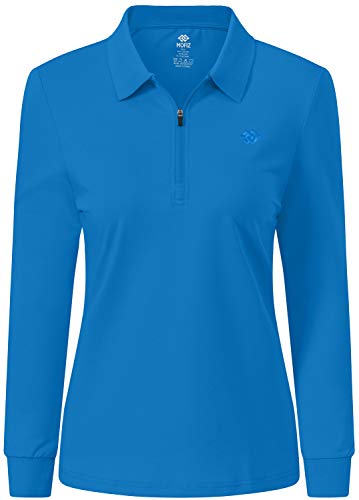 AjezMax Polo Mujer Camiseta Manga Larga Deportes Trabajo Golf Tops con Cuello Zip Lago Azul L