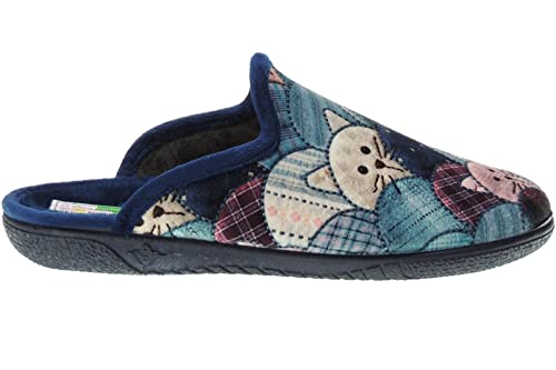 ALBEROLA 21376 Chinelas de Casa Invierno de Mujer. Zapatillas LLanas y Destalonadas. Gatos. Talón Abierto. Anatómica. Fabricadas en Elche España Azul Talla 39