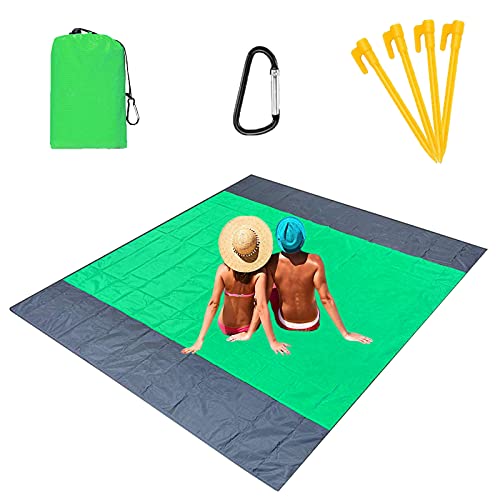 Alfombras de Playa 210 x 200 cm Manta de Picnic Impermeable con 4 Estaca Fijo, Portátil y Ligero Alfombras de Picnic para la Playa Acampar Picnic y Otra Actividad al Aire Libre, Verde