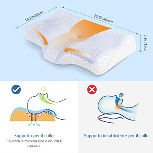 Almohada Cervical Viscoelastica Dolor Cuello - Almohadón Cervicale Ortopedica Cojin Cama Grandes Espumas Confort Neck Pillow Soporte Lumbar para Dormir Lado Boca Antironquidos con Funda Lavable