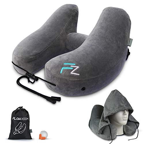 Almohada de Viaje FLOWZOOM® | Almohada Hinchable de Cuello | Cojin Cervical para Adultos | Almohada viscoelastica para Avion con Capucha de Felpa | Almohada Inflable Rápida - Gris