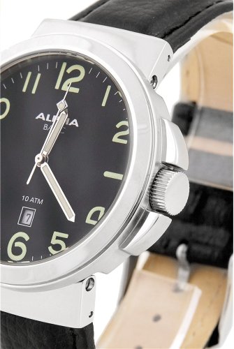 Alpha Saphir Alpha Saphir 123A - Reloj analógico de caballero de cuarzo con correa de piel negra - sumergible a 100 metros