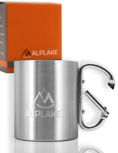 ALPLAKE® Taza de acero inoxidable de doble pared, con asa de mosquetón, 250 ml