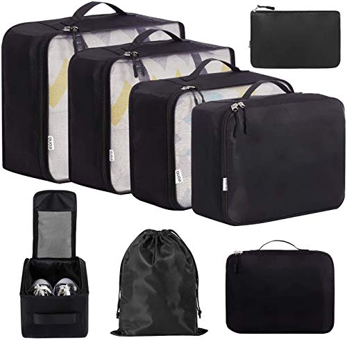 Amazon Brand - Eono 8 Set Cubos de Embalaje, Organizadores para Maletas, Travel Packing Cubes, Equipaje de Viaje Organizadores, con Bolsa de Zapatos, Bolsa de Cosméticos y Bolsa de Lavandería - Negro