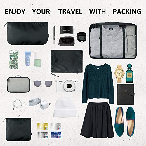 Amazon Brand - Eono 8 Set Cubos de Embalaje, Organizadores para Maletas, Travel Packing Cubes, Equipaje de Viaje Organizadores, con Bolsa de Zapatos, Bolsa de Cosméticos y Bolsa de Lavandería - Negro