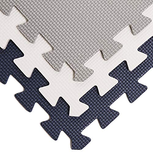 Amazon Brand - Umi Alfombras Entrelazadas Alfombras de Rompecabezas Alfombras de Espuma Suave Alfombras de Juego Alfombras de Gimnasio Azul Blanco 30cm X 30cm Gris 18 Piezas