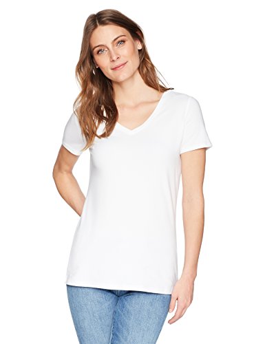 Amazon Essentials Camiseta de manga corta clásico con cuello en V, Mujer, Blanco (Blanco), L, pack de 2